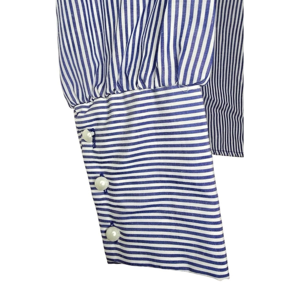 Sienna Sky Women's Blue White Striped Puff Shoulder Pearl Back Button Top Size M - Picture 6 of 9